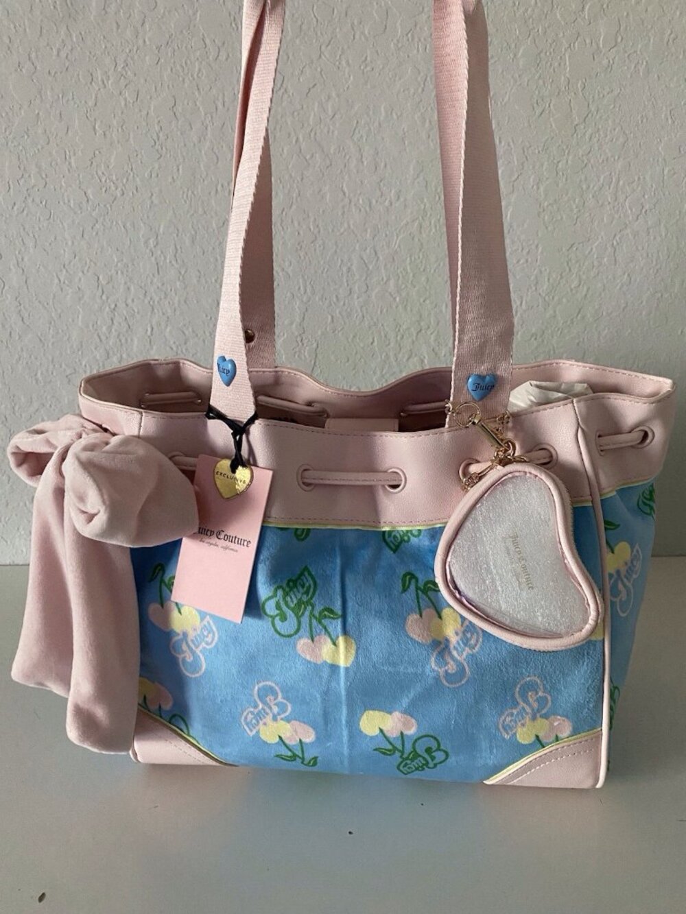 Juicy Couture Retro Juicy Cherry Gelato Daydreamer Tote Bag Blue Gleam Multi NEW